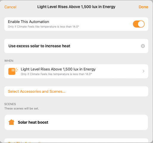 Screenshot of heat boost automation in Apple Home app